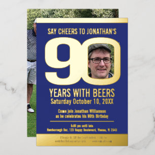 90. Geburtstagsfeier blau goldene Folie Foto Bier Folieneinladung