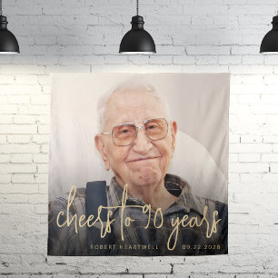 90. Geburtstagsfeier Foto Gold Schrift Cheers Wandteppich