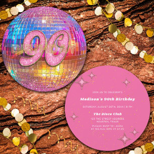 90. Geburtstagsfeier Gold Pink Glitter Disco Kugel Einladung