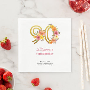 90. Geburtstagsfeier Hübsche Blumen Goldene Zahl 9 Serviette