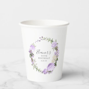 90. Geburtstagsfeier Lila Rose Floral individuell Pappbecher