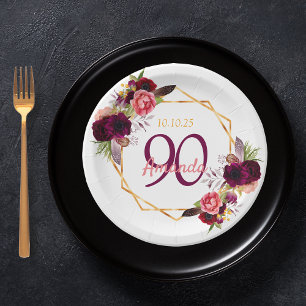 90. Geburtstagsfeier Weißgold Geo Blumenburgund Pappteller