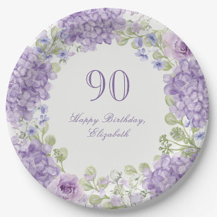 90. Geburtstagspapierteller Elegante lila Blüten Pappteller