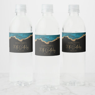 90. Geburtstagsparty Aquamarin Blue Gold Agate Wasserflaschenetikett