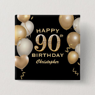90. Geburtstagsparty Black and Gold Ballons Button