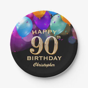 90. Geburtstagsparty Black and Gold Ballons Pappteller