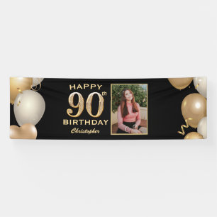 90. Geburtstagsparty Black and Gold Balloons Foto Banner