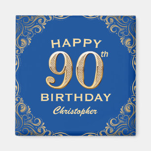 90. Geburtstagsparty Blue and Gold Glitzer Frame Magnet