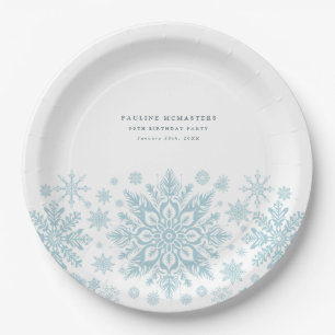 90. Geburtstagsparty Blue White Snowflake Custom Pappteller