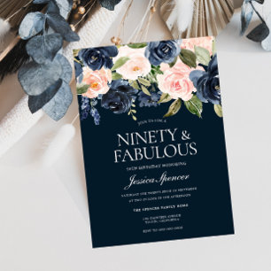 90. Geburtstagsparty der Blume Navy & Blush Einladung