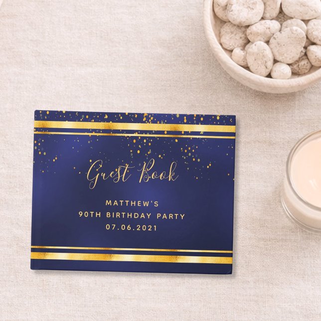 90. Geburtstagsparty dunkelblaue Goldkonfetti Gästebuch (Von Creator hochgeladen)