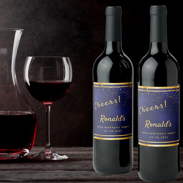 90. Geburtstagsparty dunkelmarineblauer Goldjubeln Weinetikett (Von Creator hochgeladen)