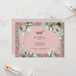 90. Geburtstagsparty Elegant Foliage Pink Glam Einladung