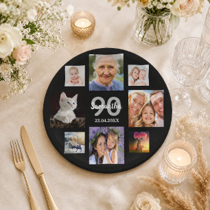 90. Geburtstagsparty Foto Collage Frau Schwarz Pappteller