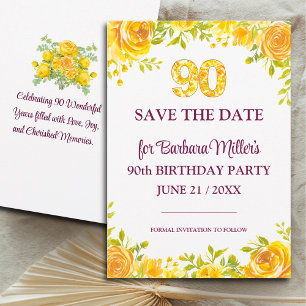 90. Geburtstagsparty - Gelbe Rosen 90 Jahre Save The Date