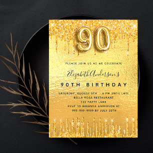 90. Geburtstagsparty Gold Glitzer Tropfen Einladung