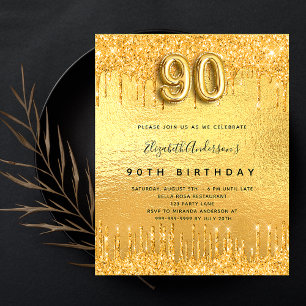 90. Geburtstagsparty Gold Glitzer Tropfen Einladungspostkarte