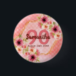 90. Geburtstagsparty Korallen Gold Dahlia Blume<br><div class="desc">Eine trendige Taste für eine 90. Geburtstagsfeier. Mit einem Imitat goldhexagon geometrisch geformten Rahmen. Die Blume sind in Rosa, Creme und Korallen mit Aquarellfarben dekoriert. Lebende Korallen mit Polka Punkte als Hintergrund. Vorlagen für einen Namen, 90 Jahre und ein Datum. Geburtsdatum oder Geburtsdatum des Party. Briefe aus Burgund und Korallen....</div>