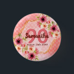 90. Geburtstagsparty Korallen Gold Dahlia Blume Button<br><div class="desc">Eine trendige Taste für eine 90. Geburtstagsfeier. Mit einem Imitat goldhexagon geometrisch geformten Rahmen. Die Blume sind in Rosa, Creme und Korallen mit Aquarellfarben dekoriert. Lebende Korallen mit Polka Punkte als Hintergrund. Vorlagen für einen Namen, 90 Jahre und ein Datum. Geburtsdatum oder Geburtsdatum des Party. Briefe aus Burgund und Korallen....</div>