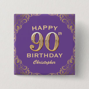 90. Geburtstagsparty Lila und Gold Glitzer Frame Button