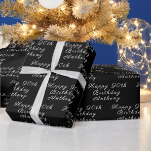 90. Geburtstagsparty Name Black Modern Pattern Geschenkpapier