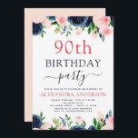 90. Geburtstagsparty Navy Blue Blush Pink Floral Einladung<br><div class="desc">Navy Blue and Blush Pink Bloral Blume und Greenery Watercolor 90th Birthday Party Einladungen beinhalten schöne und elegante Drehtafeln mit modernen botanischen rot-rosa Blume und Navy Blue für die besondere Wende neunzigsten Geburtstagsfeier.</div>