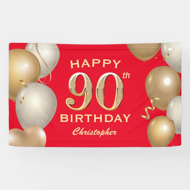 90. Geburtstagsparty Rot und Gold Ballons Banner (Horizontal)
