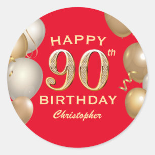 90. Geburtstagsparty Rot und Gold Ballons Runder Aufkleber