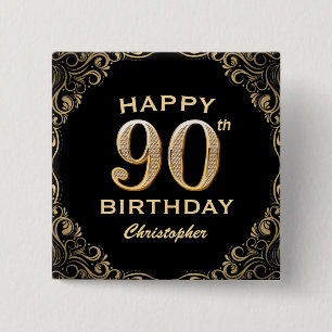 90. Geburtstagsparty Schwarz und Gold Glitzer Fram Button