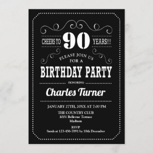 90. Geburtstagsparty - Schwarz-weiß Einladung