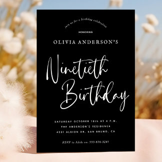 90. Geburtstagsparty | Weiß für schwarze Typografi Einladung