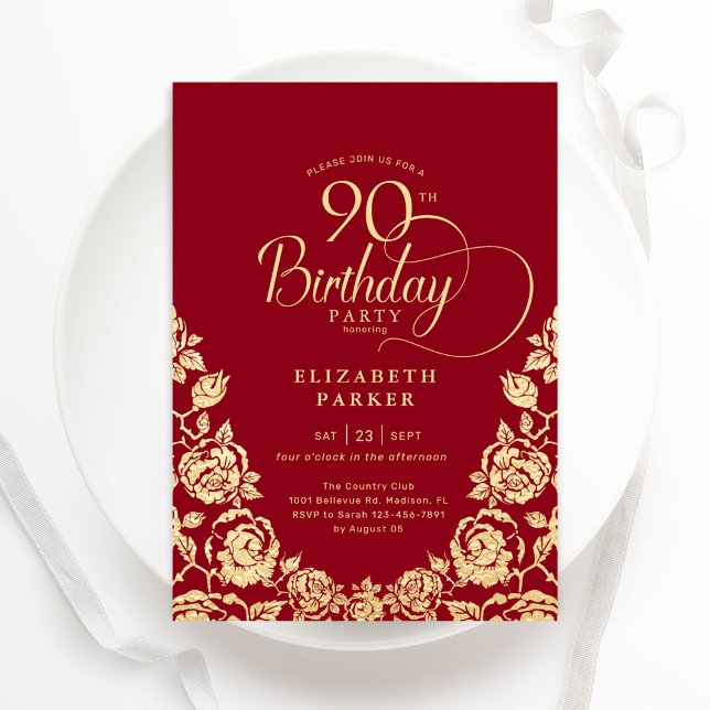 90. GeburtstagsRed Gold-Rose Einladung (Von Creator hochgeladen)
