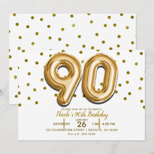 90 goldene Luftballons und Konfetti 90. Geburtstag Einladung