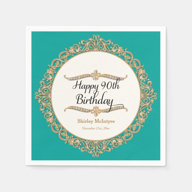 90. Happy Birthday Party Celebration Round Decor Serviette (Vorderseite)