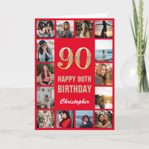 90. Happy Birthday Rot und Gold Foto Collage Karte