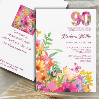 90 Jahre Blume / Aquarell 90. Geburtstag Einladung