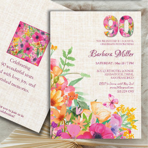 90 Jahre Blume - Schmetterlinge Leinen 90. Geburts Einladung