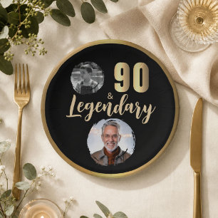 90 & Legendär 2 Fotos 90. Geburtstag Gold Pappteller