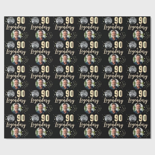 90 & Legendary 2 Photos 90th Birthday Gold Geschenkpapier (Flach)