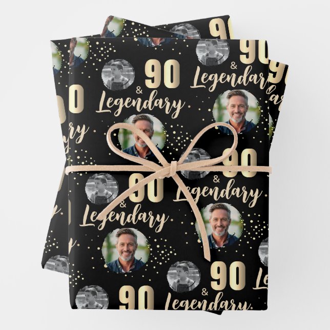90 & Legendary 2 Photos 90th Birthday Gold Geschenkpapier Set (Beispiel)