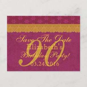 90. Save the Date Geburtstag Burgund Gold Lace 003 Ankündigungspostkarte