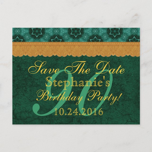 90. Save the Date Green und Gold Lace Ankündigungspostkarte (Vorderseite)