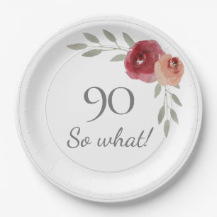 90 So was Funny Watercolor Floral 90. Geburtstag Pappteller