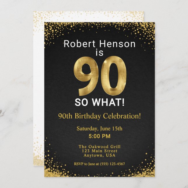 90 So What! Black Gold 90th Birthday Einladung (Vorne/Hinten)