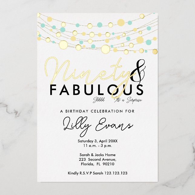 90. Überraschung Geburtstagsparty Einladung elegan (Vorderseite)