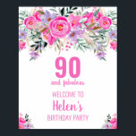 90 und fabelhafte pinkfarbene, elegante Geburtstag Poster<br><div class="desc">Elegantes Design für eine 90. Geburtstagsfeier mit einem rosa "90 und fabelhaft" und einem prägnanten Namen,  der von einer femininen Aquarell-Blume auf weißem Hintergrund verziert wird. Anpassen von Alter,  Text,  Name und Hintergrundfarbe.</div>