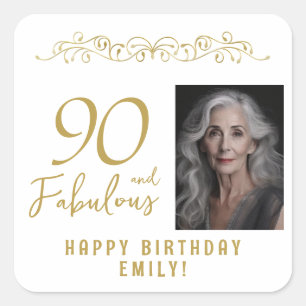 90 und fabelhaftes Gold-Ornament 90. Geburtstag Fo Quadratischer Aufkleber