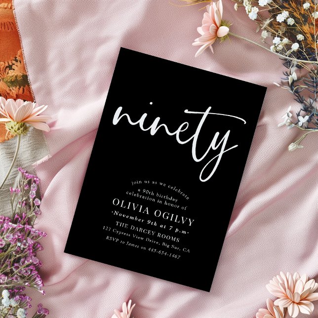 90. White on Black Birthday Party Modernes Script Einladung (Von Creator hochgeladen)