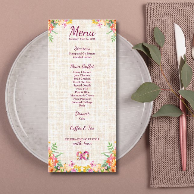 90 Years Flowers Floral 90th Birthday Linen Menu Menükarte (Von Creator hochgeladen)