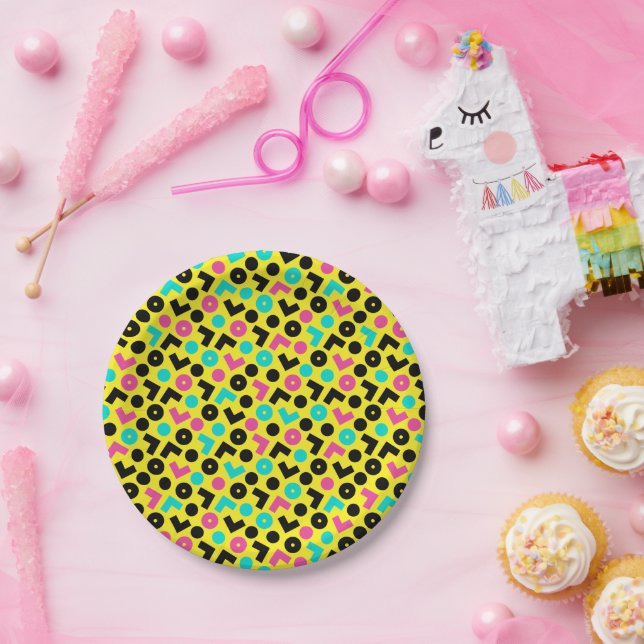 90er Jahre Schwarz-Neon-Gelb-Blau-Muster Pappteller (Party)